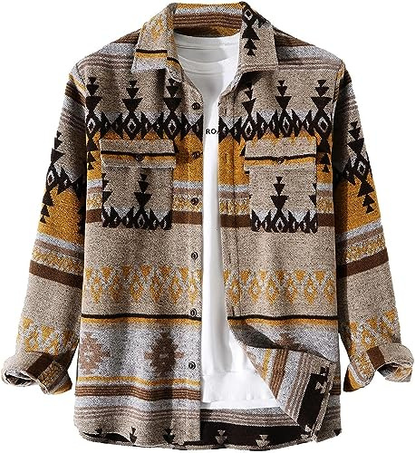 Vagbalena Herren-Flanell-Jacke mit doppelter Tasche lang ärmelig regelmäßig sitzend aztekisch bedrucktes lässiges Vintage-Knopf leichte Retro-Jacke (Khaki,M)