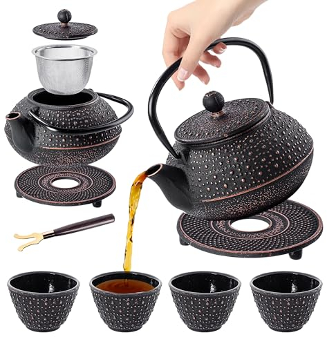 KADAX Théière Japonaise en Fonte de 850ml avec Intérieur Émaillé, Quatre Tasses et Infuseur pour Thé en Vrac, Service à Thé Traditionnel (Noir)