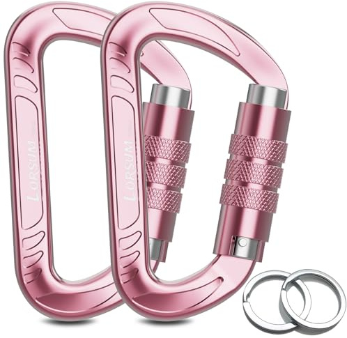 Lorsum Auto Locking Carabiner Clips Heavy Duty, 12KN /1227kg Lightweight (1.0oz), Sturdy Twist Lock Caribeeners for Camping Hiking Hammock Swing Backpack, Dog Leash and Harness etc, 2 Pack Pink