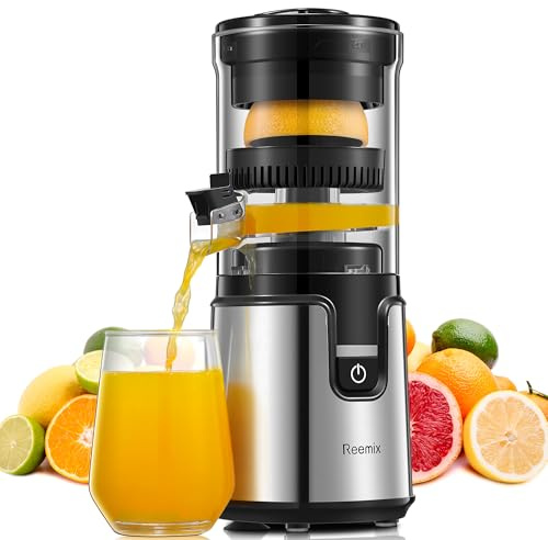 Electric Citrus Juicer, Reemix Lemon Squeezer with Brushed Stainless Steel Body, Fully Automatic One-click Operation Orange Squeezer, Black+Silver