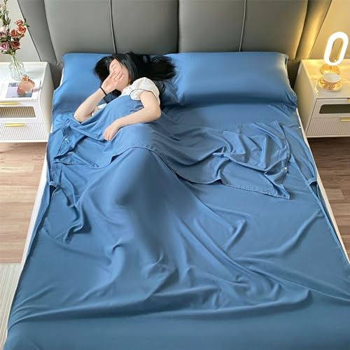Highdi Saco de Dormir Ligero, Saco de Dormir Doble Adulto con Compartimento para Almohada Sábana de Camping Portátil Ultraligero para Viaje y Hoteles en Verano (180 * 210,Azul)