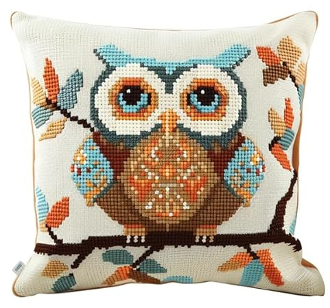 Lfynior Kreuzstich Kissen Set Eule Stickkissen mit Muster 45X45cm Stickpackung Stickset Kreuzstich Kissen zum Basteln Stickkissen Stickpackung mit Vorgedruckt Kreuzstichmotiv