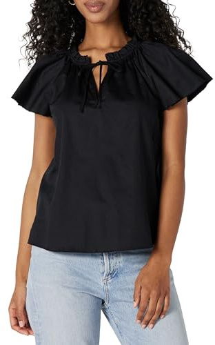 Amazon Essentials Blusa de satén de algodón con Mangas voladas para Mujer, Color Negro, Talla M