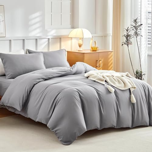 Tokokimo 4 Piece Double Bedding Set with Fitted Sheet, Soft & Breathable Microfiber Duvet Cover Set with 2 Pillowcases and Extra Fitted Sheet, Bedding Double Bed Set (Grey)