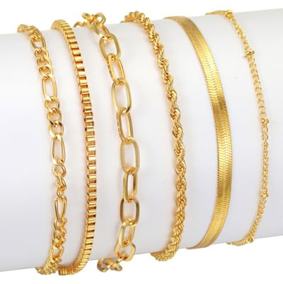 JEXOWIQ Bracelets pour femme, 6 pièces, bracelets à chaîne, bracelets en acier inoxydable, bracelets avec pendentifs en maille réglables en or, argent, bracelets pour fille, amie, femme, sœurs, maman