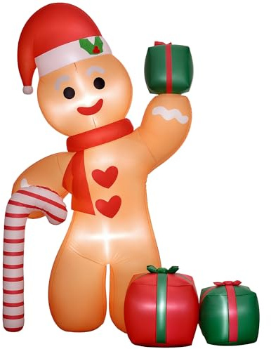 Outsunny 245 cm Aufblasbare Weihnachtsdeko Aussen Lebkuchenmann Deko | Integrierte LED-Lichtern, Aufblasbare Outdoor Weihnachtsdekoration, Zuckerstange Geschenke, für Hof Garten Rasen Party