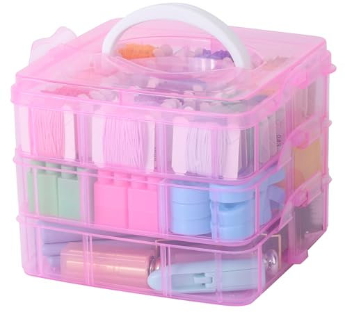 Segbeauty Scatola con Scomparti, 15 * 15 * 13cm Contenitori Plastica, 3 Strati con 6 Scomparti per Strato, Porta Viti Cassettiera Regolabili, Contenitori per Diamond Painting (Rosa)
