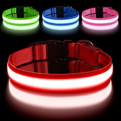 AUAUY Lysande uppladdningsbart hundhalsband, LED-hundhalsband med typ C och 3 lägen, lysande halsband för hundar vattentätt, lätt hundhalsband för små/medelstora/stora hundar (röd-M)