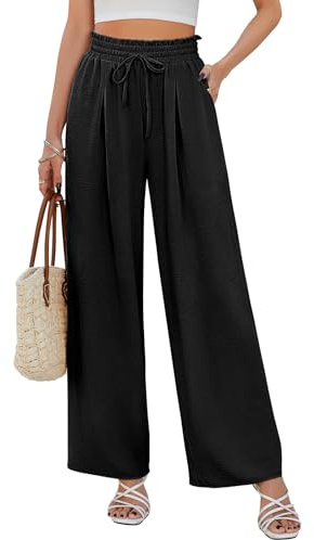 CMTOP Pantalon Femme Été Fluide à Jambes Larges Taille Haute Elastique avec Cordon de Serrage, Léger et Elegant de Plage Décontracté avec Poches