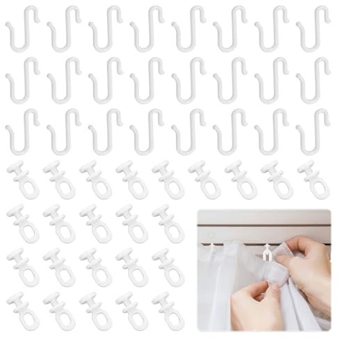 48PCS Curtain Glider Hooks Set,S-Shaped Flexible Shower Curtain Hooks,Quiet Plastic Flexible White Hooks and Gliders,Easy Install Track Rollers,for Window,Bathroom