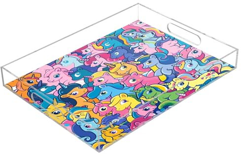 Rainbow Small Unicorn Horses Acrylic Serving Trays, Clear Rectangular Tray with Handles Serving Platter for Coffee Table Kitchen Bathroom
