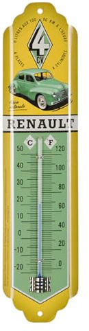 Nostalgic-Art Retro Thermometer, 7 x 28 cm, Renault – 4CV – Geschenk-Idee für Renault-Zubehör Fans, Original Lizenzprodukt (OLP), aus Metall, Vintage Design | Original Renault Lizenzprodukt (OLP), analoges Innenthermometer, Vintage Design, Geschenk-Idee für Renault-Fans