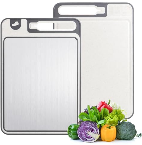 Aischens Planche à Découper Titanium Double Face Antidérapante - Qualité Alimentaire (Titane Pur/PP Paille de Blé) pour Cuisiner Viande & Légumes - Design Hygiénique Lavable Lave-Vaisselle