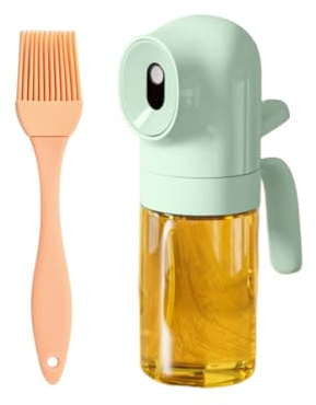 AOWVUTS Spruzzino Olio per Friggitrice Aria 180ml Spray Olio Cucina Antigoccia Dosatore d'Oliva Bottiglia Nebulizzatore Olio in Vetro con Spazzole per Grigliare Insalata Cottura al Forno (Verde)