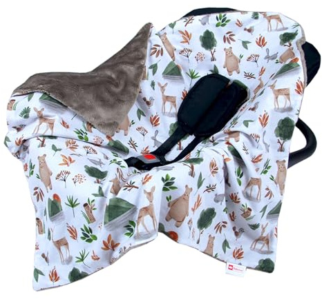 Babylux Einschlagdecke 80x80 cm für Babyschale & Autositz – Wende-Decke aus Plüsch & Baumwolle, mit Gurtschlitzen (152 - Braun + Wald)
