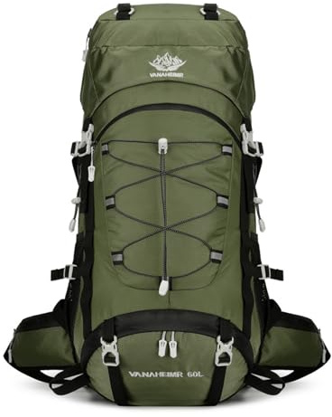 PORRASSO Wanderrucksack Wasserdichter Rucksack mit Regenhülle 60L Reiserucksack Hiking Backpack für Herren Damen Wandern Bergsteigen Camping Reisen Sport Dunkelgrün