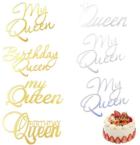 Nzexlyva 7 Pcs Birthday Cake Toppers, Birthday Queen Cake Topper, Acrylic Cake Topper Decorations, Silver and Gold Cakes Topper for Party, Queen Sign Toppers for Party Anniversary Supplies