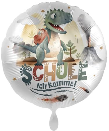 Dino-Folienballon * SCHULE - ICH KOMME * als Deko und Geschenk zum Schulanfang und Einschulung | Größe: 43cm | Dinosaurier Partydeko Luftballon Ballon Kinder Schule Schulstart ABC