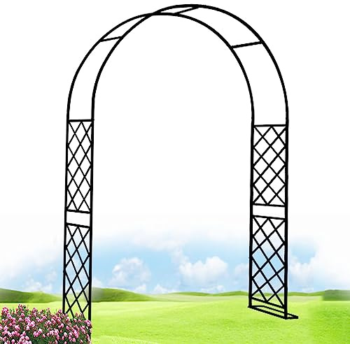 Rejilla de jardín de hierro forjado de acero resistente, pérgola para exteriores, arco de entrada, 248,9 cm de alto x 221 cm de ancho, ajustable, 139,7 x 370,8 cm, arco negro para puerta de jardín.