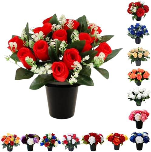 Pack 1 Artificial Flowers for Graves - 12 Head Red Flower Pots | Perfect for Enhancing Memorial & Cemetery Decor | Improved Design for Funeral Elegance and Lasting Tribute.