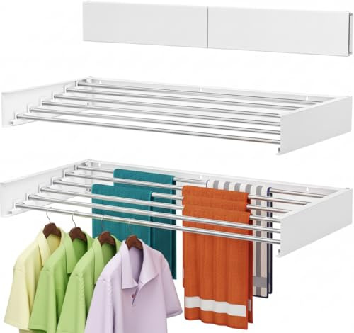 CielHome Wall Mounted Clothes Drying Rack - Foldable and Retractable - 40 Kg Capacity, Collapsible Drying Rack for Indoor & Outdoor Use - 6 x100 cm Aluminum Rods For 6m Of Hanging Line(White, 100 cm)