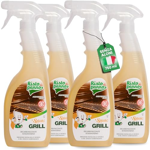 RISTOPANNO 4PZ x 750ml Decarbonizzante Forni, Griglie e Piastre in Schiuma | Sgrassatore Professionale - Detergente per Rimozione Rapida Grasso e Sporco - Pulizia Forno - Prodotti Pulizia SPLASH GRILL