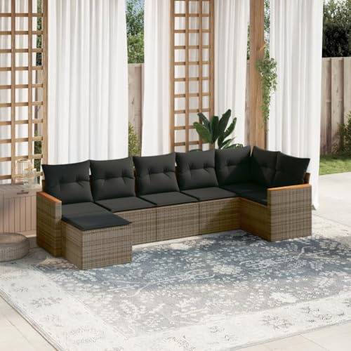 HETFTJN 7-TLG. Poly-Rattan Gartenlounge Grau 236x200 cm,UV-beständige Sitzgruppe Outdoor mit abnehmbaren Bezügen,modulares Balkonmöbelset für Garten Terrasse Balkon