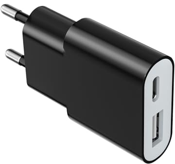 Cargador USB Ultrafino 5V 1A, Adaptador de Pared de Doble Puerto USB-C + USB-A, Ideal para iPhone, teléfonos Android, eBook Reader, Xperia, Reproductores MP3, Grosor 1,6 cm, 1 Unidad, Negro