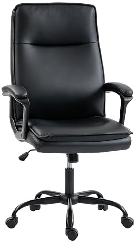 HOMCOM Sedia Ufficio Presidenziale Ergonomica in Pelle PU, Sedia Scrivania Imbottita Girevole, Funzione Dondolo, Cuscino a Doppio Strato,Schienale Alto, Braccioli Imbottiti, Altezza Regolabile, Nero