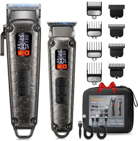 Hatteker Hair Clipper Hair Cutting Kit Men Beard Trimmer Clipper Set T-Blade Trimmer Cordless Grooming Kit LED Display USB Rechargable (Gray)