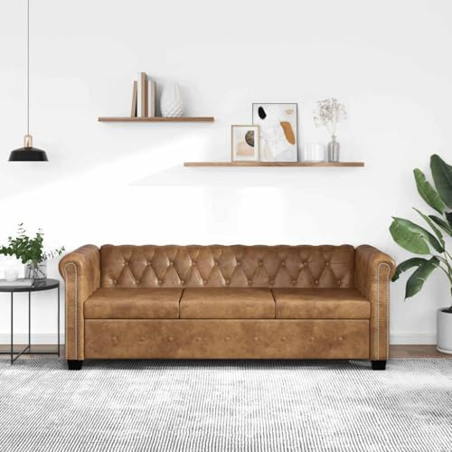 Augerqir Chesterfield Sofa 3 Sitzer Kunstleder Braun, Polstergarnitur mit Knopfheftung, Nietenverzierung, Holzrahmen, 200,5 x 76 x 70 cm, für Wohnzimmer Büro Lounge