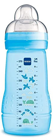 MAM Flaskflaska 2–4 månader, 270 ml, med napp 2 med medium silikonflöde, lätt att hålla, lätt att rengöra, MAM Easy Active, glänsande blå, 1-pack