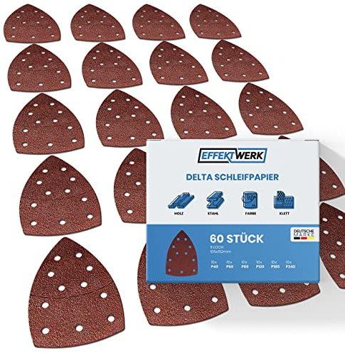 EffektWerk - Lijas Delta - Paquete de 60, 11 Agujeros - Almohadillas de Lijado Triangulares 105 x 152mm para Máquinas de Lijado Triangulares - Varios Tamaños de Grano (40, 60, 80, 120, 180, 240)
