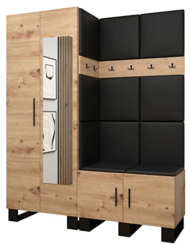 MEBLE KRYSPOL Garderobe Artin Set 14 mit gepolsterten Paneelen Industriell Design (Artisan Eiche + schwarzes Öko-Leder)
