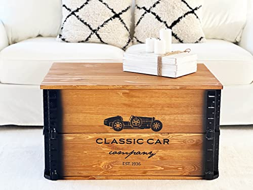 Uncle Joe´s Baúl Classic Car - Mesa de Centro con Estilo Vintage Shabby Chic de Madera Maciza en Color marrón con Espacio de Almacenamiento y Tapa, Caja de Madera, Mesa Auxiliar de Campo
