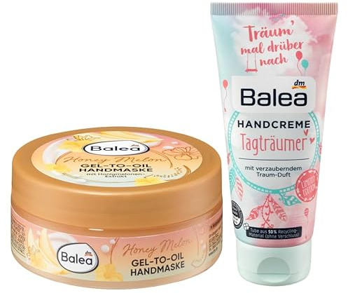 Balea 2er-Set Handpflege: Gel-To-Oil Handmaske Honey Melon für seidig weiche Hände mit Glycerin & Extrakt von Honigmelone, 75 ml + Handcreme Tagträumer mit verzauberndem Traum-Duft, 100 ml, (175 ml)