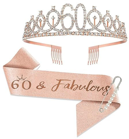 JurciCat 60 Ans Décorations Anniversaire Femmes écharpe Et Tiare Rose Or Couronne Cadeau 60 Ans Femme Couronne Anniversaire Pour Les Décorations De Fête D'anniversaire