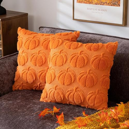 ESSECMBS Pack of 2 Boho Pumpkin Throw Pillow Covers for Halloween Decorations Indoor 45 * 45cm Plush Pumpkin Throw Pillow Cases for Thanksgiving Day (B, 45 * 45cm)