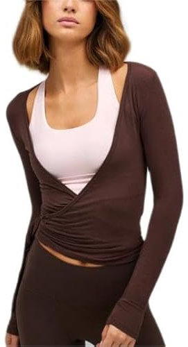 Frauen Y2k Ballett Wrap Top Langarm Tiefer V-Ausschnitt Slim Fit Yoga Pilates Ballet Workout Tops Frühling Kleidung (A-Coffee, S)