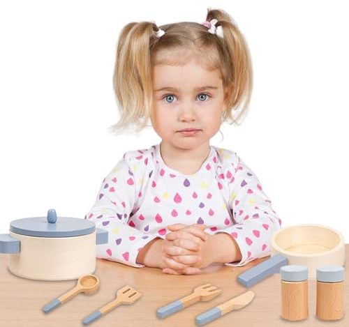 Ensemble de Cuisine en Bois pour : Jouets de Cuisine avec casseroles, poêles, ustensiles de 10 pièces, Assiettes, Accessoires d'ustensiles de Cuisine en Acier Inoxydable | Cadeau