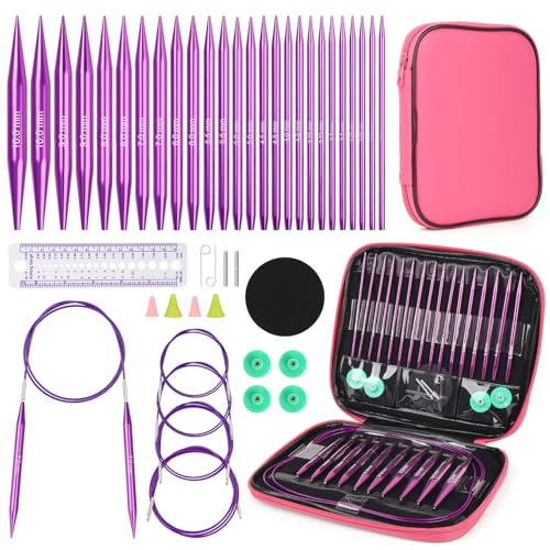 Aeelike Rundstricknadel Austauschbar Set mit Etui und Zubehör, 13 Paar 3mm-10mm Stricknadeln, Metal Rundstricknadeln Set Austauschbar für Anfänger und Erwachsene, Lila