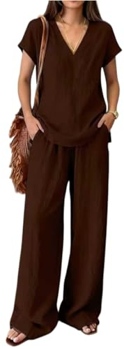 Completo Lino Donna Set di Due Pezzi Tuta Manica Corta Tinta Unita Blusa e Pantaloni a Gamba Larga con Tasche Casual Completi Pantalone Larghi Tuta in Lino Due Pezzi Oversize Completi Taglie Forti