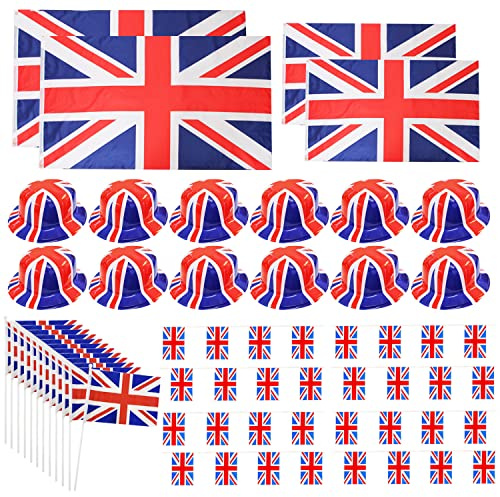 ACCESSORY SET - UNION JACK BUNTING + 5FTx3FT UNION JACK FLAGS + 3FT x 2FT UNION JACK FLAGS + BRITISH HAND-WAVING FLAGS + UNION JACK BOWLER HATS - QUEEN'S PLATINUM PARTY DECOR VE DAY COMMONWEALTH