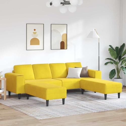 Owoxanthellate Samt Ecksofa Set Gelb 4-Sitzer mit 2 Ottomanen Moderner Stil Breite 360 cm Höhenverstellbar Robustes Holzrahmen für Wohnzimmer Büro Schlafzimmer