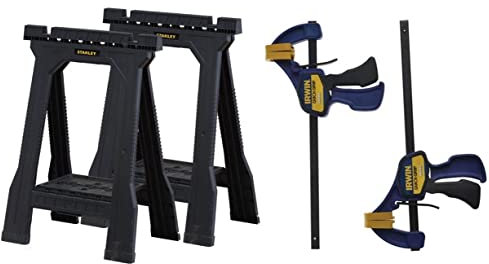 STANLEY Folding Junior Work Bench Saw Horse Twin Pack, with Tray for Tools and Small Parts, STST1-70355 with IRWIN QUICK-GRIP 150mm (6) Mini Clamp - 2 Pack