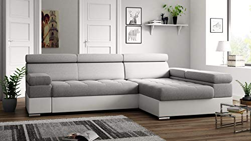 Ecksofa Paolo mit Schlaffunktion, Eckcouch mit Bettkasten, L-Form Ecksofa, L-Form Sofa, Ottomane Rechts, 260 cm x 162 cm (Hellgrau + Weißer Kunstleder -EKO)