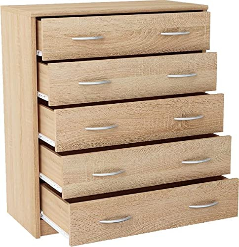 MATKAM Schubladen-Kommode 5S in moderner Optik, B 74 x H 85 x T 35 cm, laminierte Möbelplatte 16 mm, mit Rückwand, 5 Schubfächer, Jede mit Zwei Griffen zum Aufmachen (Sonoma Eiche)