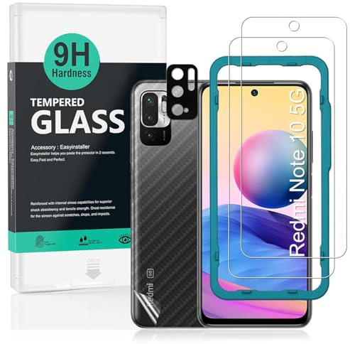 Ibywind 2 Piezas Cristal Templado para Redmi Note 10 5G/POCO M3 Pro 5G 6.5,con Metálico Protector de Lente de Cámara,Atrás Pegatina Protectora Fibra de Carbono,Incluyendo Kit de instalación fácil