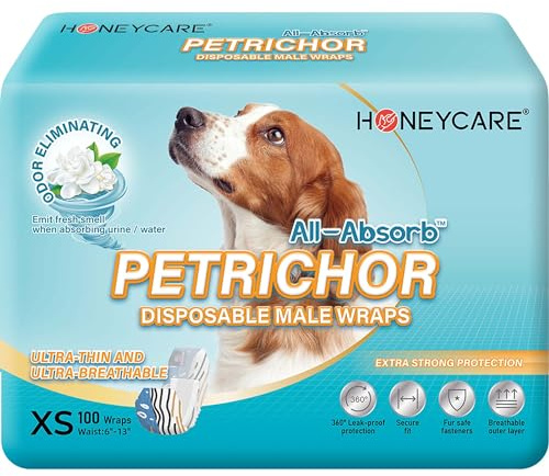 HONEY CARE All Absorb Petrichor Male Dog Wrap, Fresh Smell Disposable Diapers, Extra Small, White, 100 Count