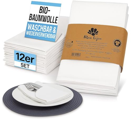 12er Set Stoffservietten Weiß – 100 % GOTS Bio-Baumwolle – Waschbare Baumwollservietten 45x45 cm – Edle Servietten Stoff für Dinner, Hochzeit, Taufe, Weihnachten & nachhaltige Tischdeko